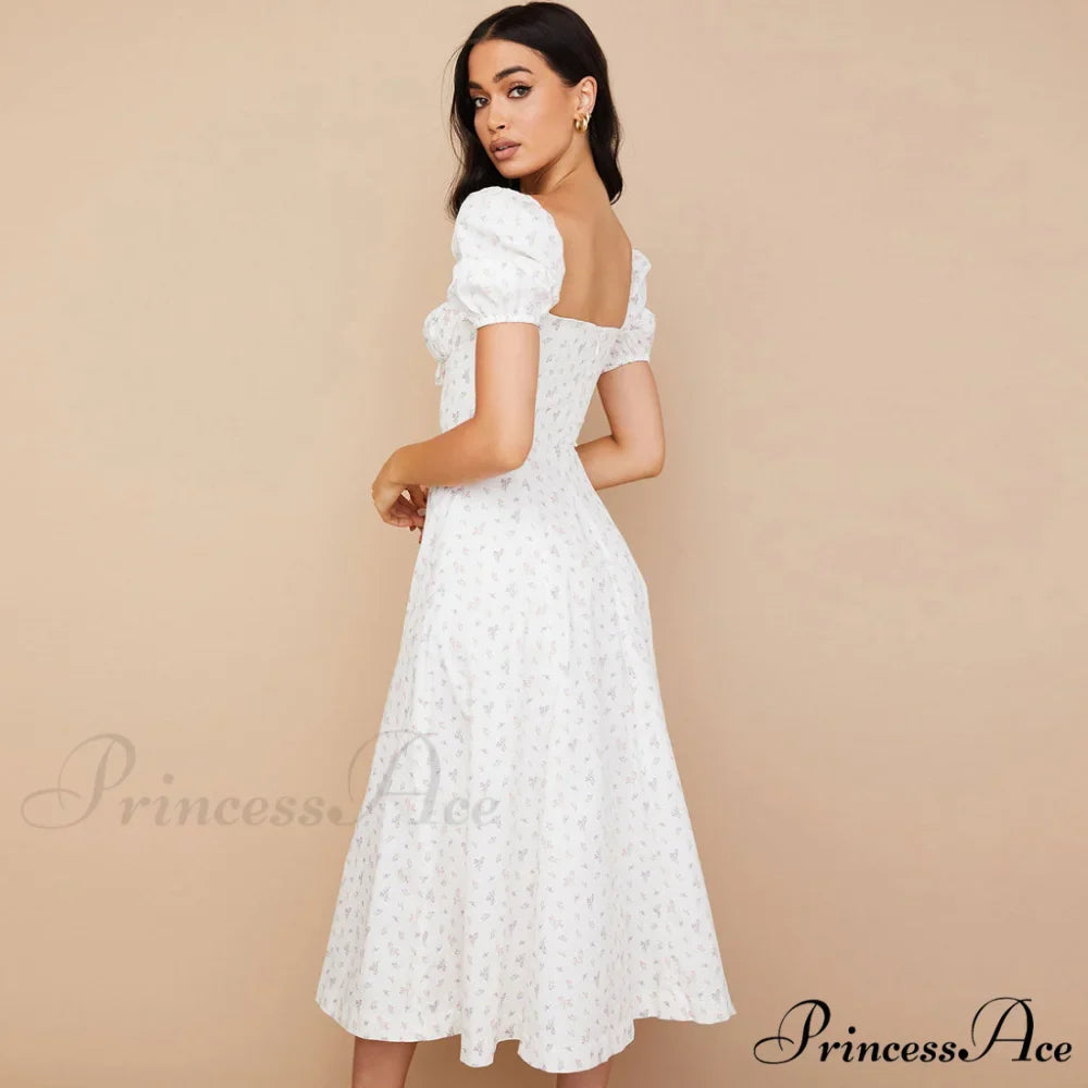 Daisy Printed Puff Sleeve High Slit Sophisticated Smock Maxi Sundress - Sky Blue