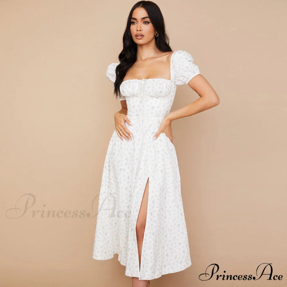 Daisy Printed Puff Sleeve High Slit Sophisticated Smock Maxi Sundress - Sky Blue