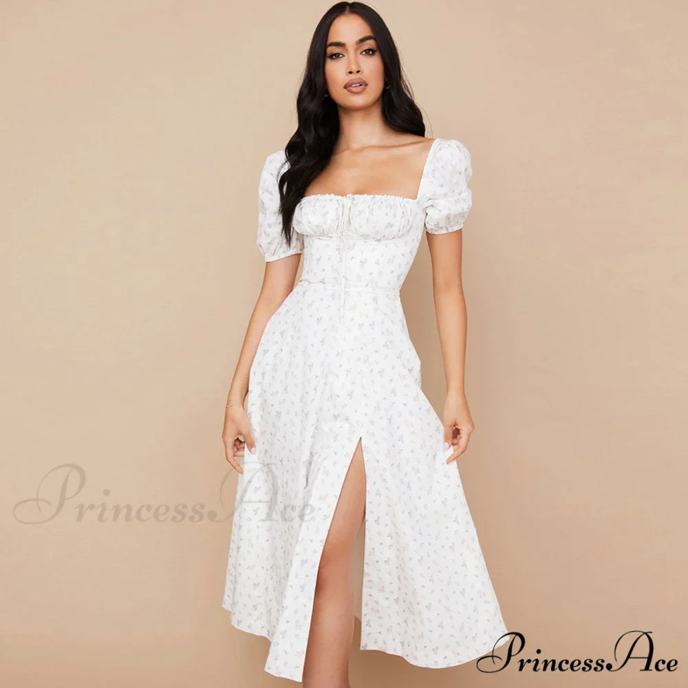 Daisy Printed Puff Sleeve High Slit Sophisticated Smock Maxi Sundress - Sky Blue