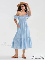 Daisy Speck Print Shirred Square Neck Frilled Flowing Seaside Daisy Dress