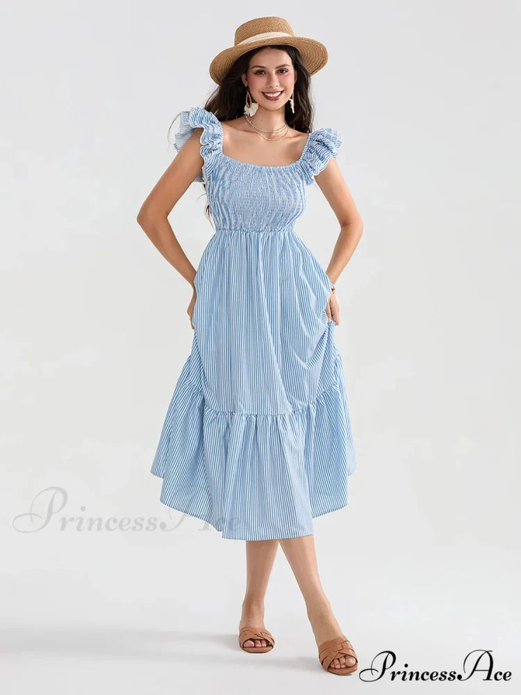 Daisy Speck Print Shirred Square Neck Frilled Flowing Seaside Daisy Dress