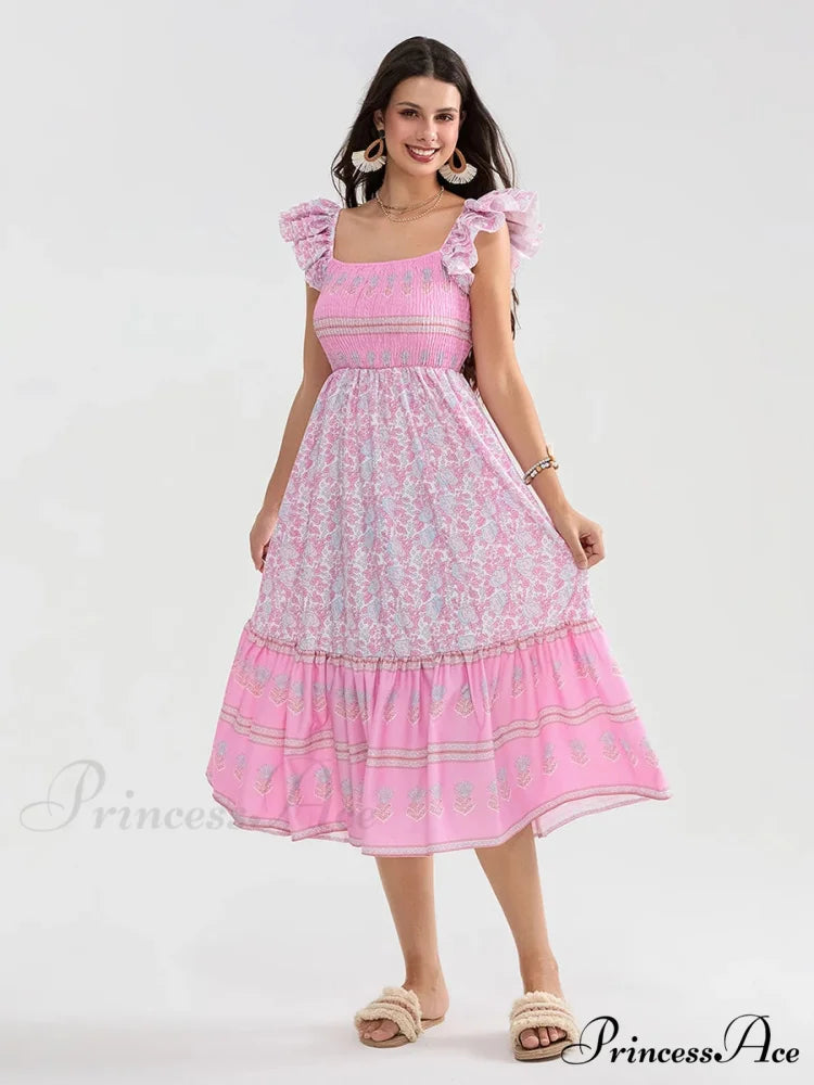 Daisy Speck Print Shirred Square Neck Frilled Flowing Seaside Daisy Dress