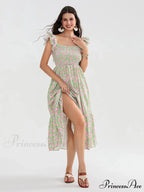 Daisy Speck Print Shirred Square Neck Frilled Flowing Seaside Daisy Dress