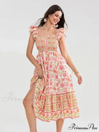 Daisy Speck Print Shirred Square Neck Frilled Flowing Seaside Daisy Dress