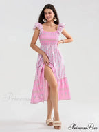 Daisy Speck Print Shirred Square Neck Frilled Flowing Seaside Daisy Dress