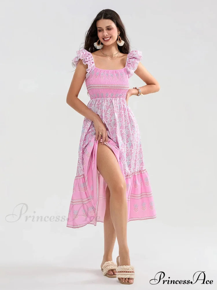 Daisy Speck Print Shirred Square Neck Frilled Flowing Seaside Daisy Dress