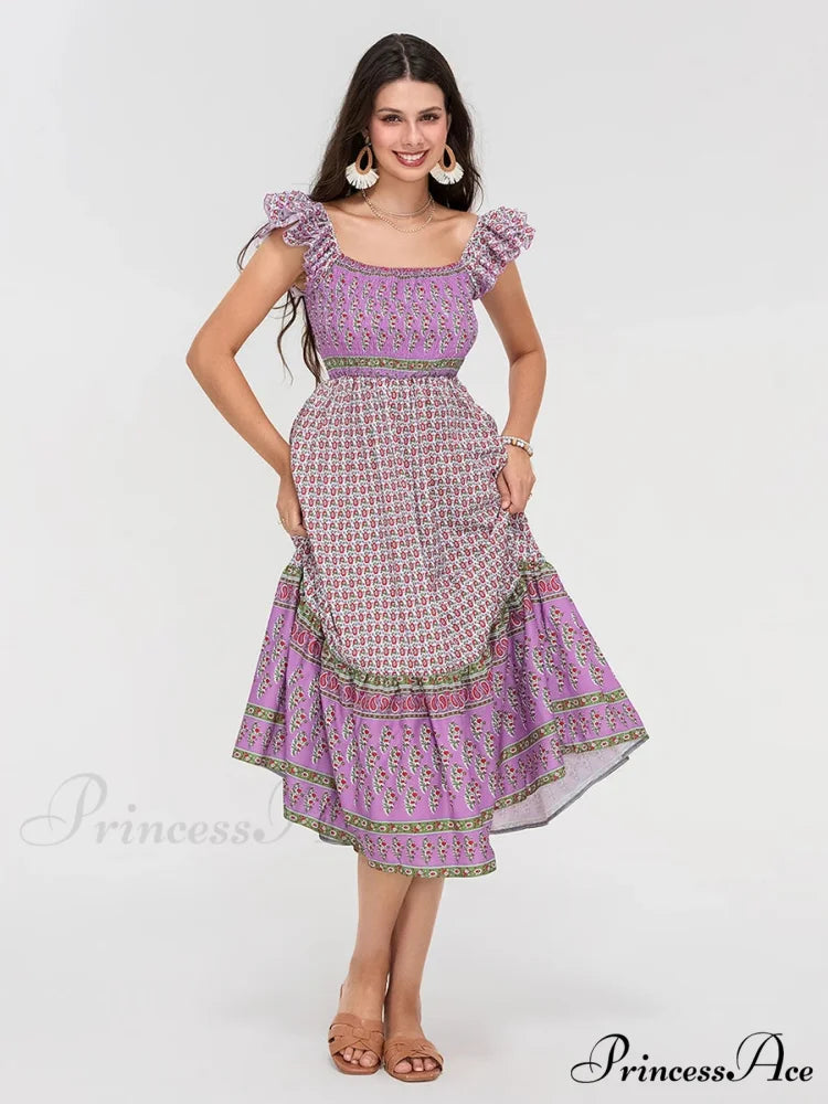 Daisy Speck Print Shirred Square Neck Frilled Flowing Seaside Daisy Dress