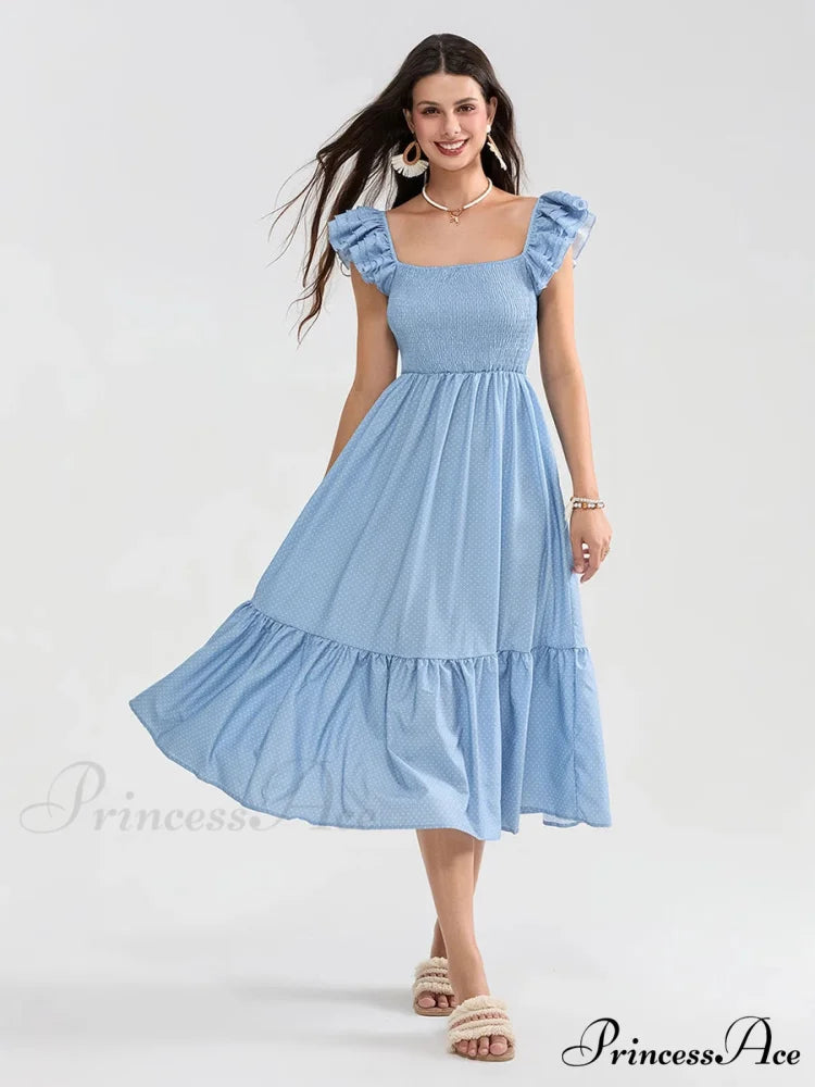 Daisy Speck Print Shirred Square Neck Frilled Flowing Seaside Daisy Dress