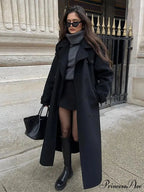 Dark Belted Woolen Overcoat