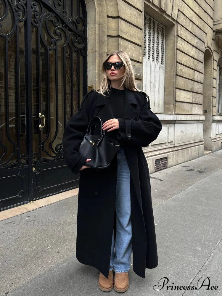 Dark Belted Woolen Overcoat