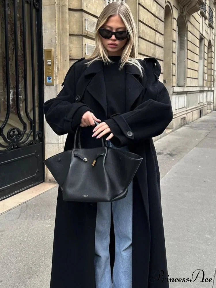 Dark Belted Woolen Overcoat