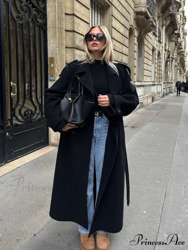 Dark Belted Woolen Overcoat