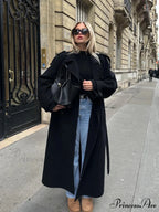 Dark Belted Woolen Overcoat