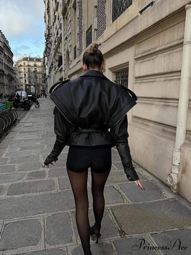 Dark Belted Zippered Bomber Leather Jacket