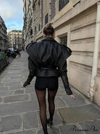 Dark Belted Zippered Bomber Leather Jacket