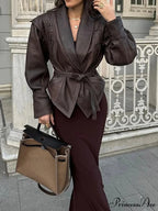 Dark Belted Zippered Bomber Leather Jacket