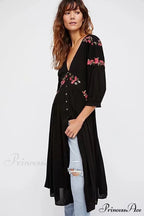 Dark Bohemian Extended Dress Flower Stitching V-neck Free-spirited Dress