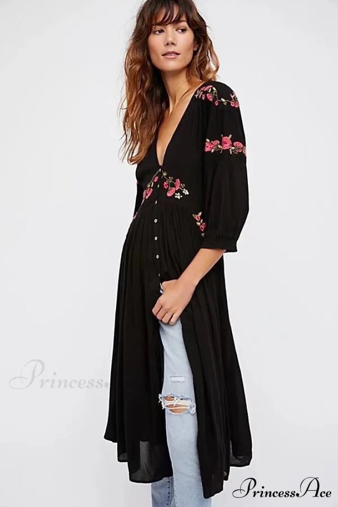 Dark Bohemian Extended Dress Flower Stitching V-neck Free-spirited Dress