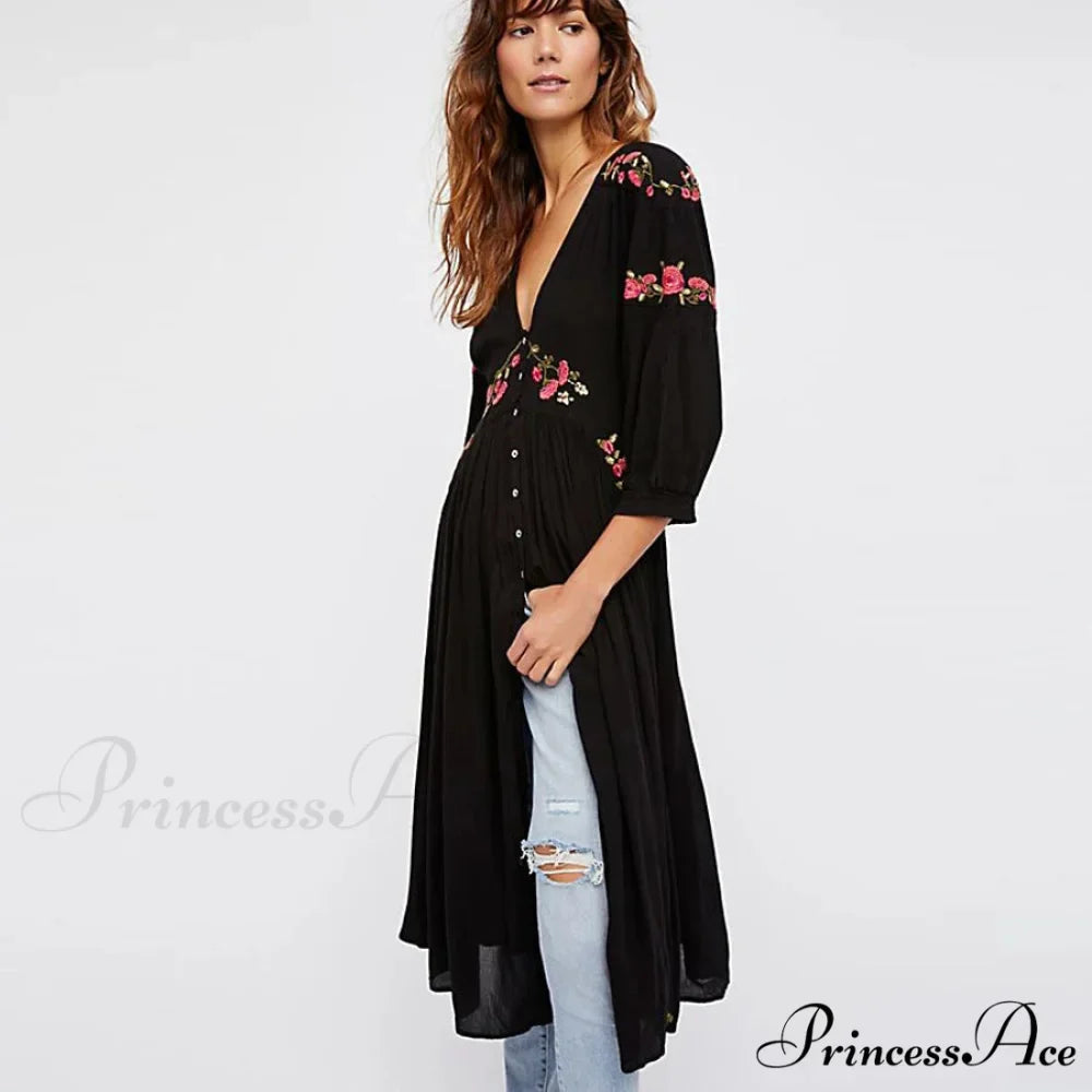 Dark Bohemian Extended Dress Flower Stitching V-neck Free-spirited Dress