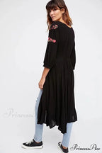 Dark Bohemian Extended Dress Flower Stitching V-neck Free-spirited Dress