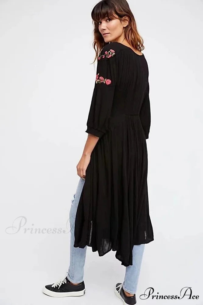 Dark Bohemian Extended Dress Flower Stitching V-neck Free-spirited Dress