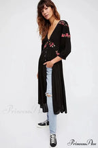 Dark Bohemian Extended Dress Flower Stitching V-neck Free-spirited Dress