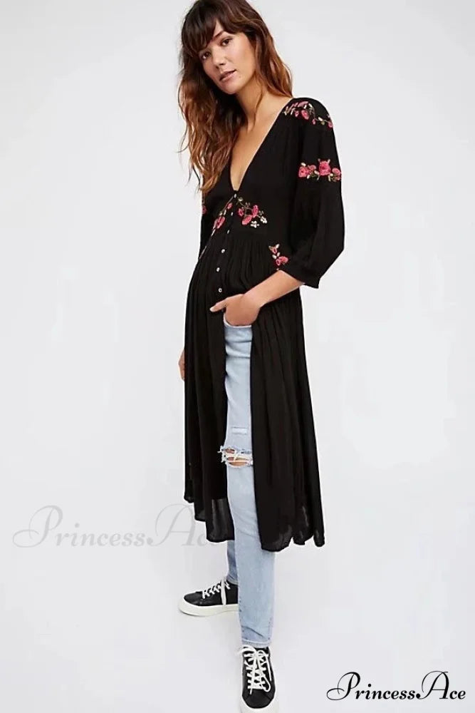 Dark Bohemian Extended Dress Flower Stitching V-neck Free-spirited Dress