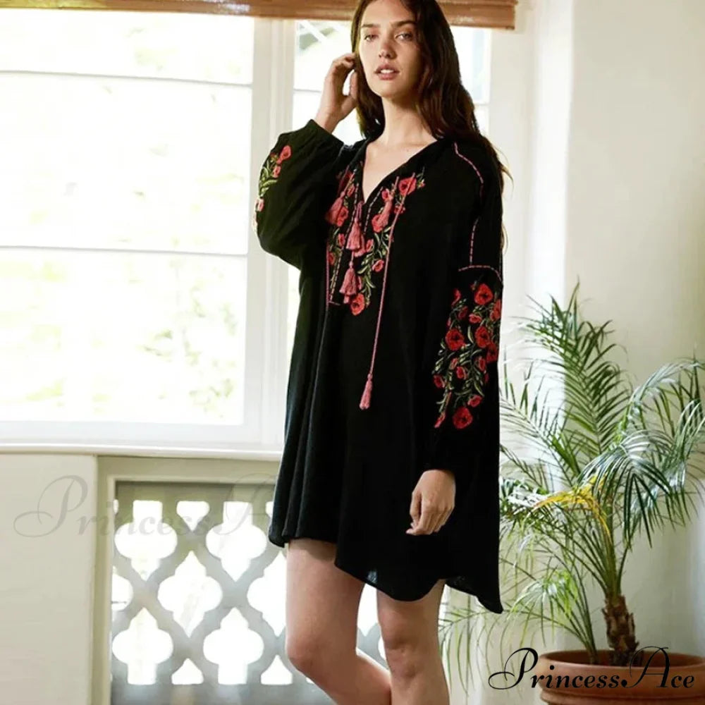 Dark Cotton Rayon Floral Stitching Seaside Dress