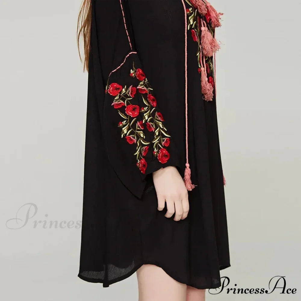 Dark Cotton Rayon Floral Stitching Seaside Dress