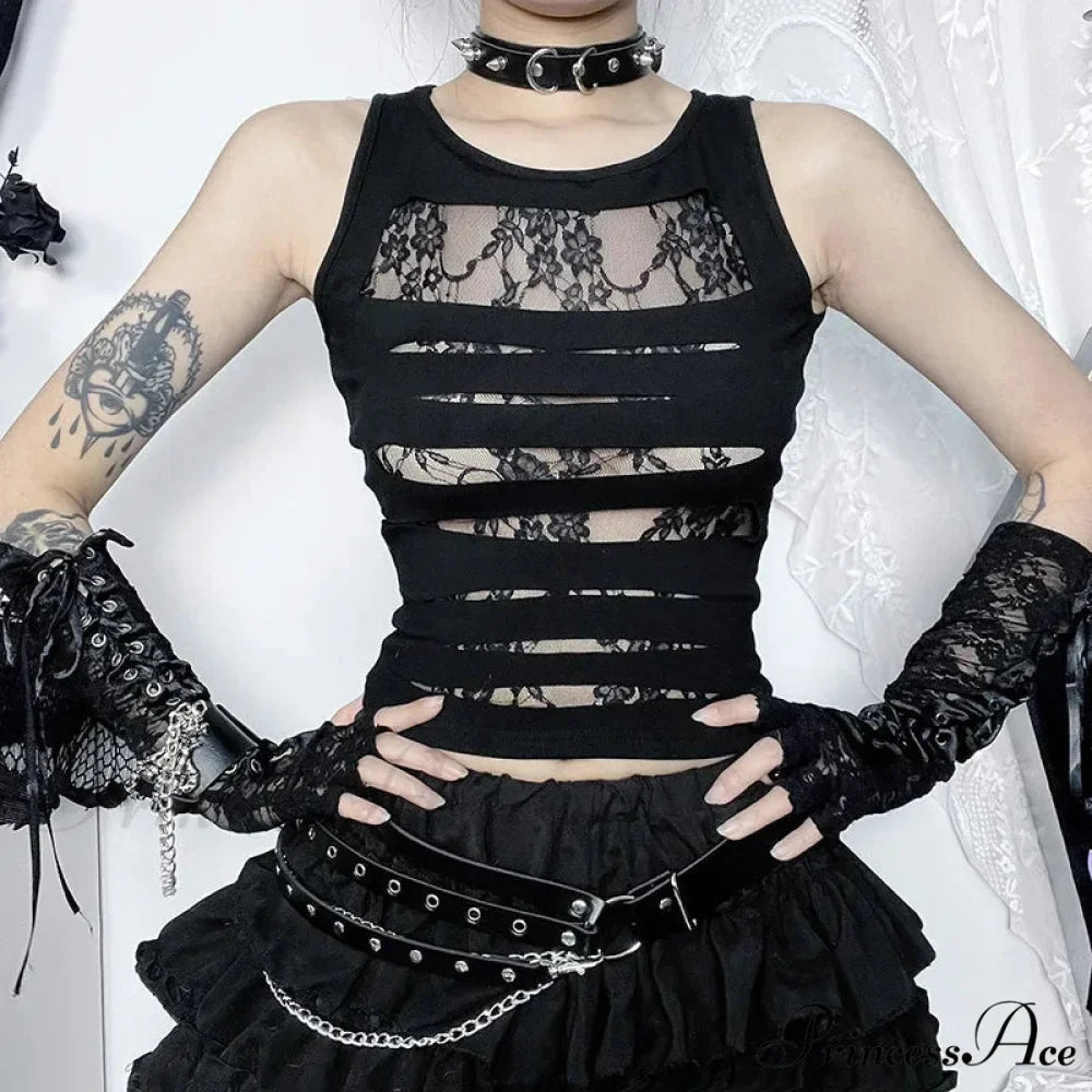 Dark Cut Out Sexy Grunge Punk Mall Gothic Splice Lace Techwear Bodycon Crop Top