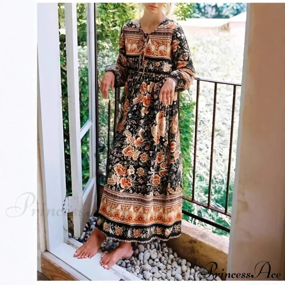 Dark Floral Pattern Necktie Long Sleeve Rayon Maxi Boho Dress