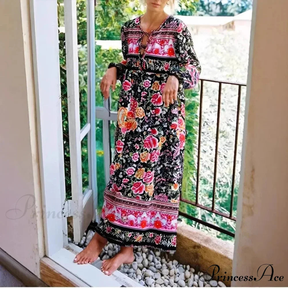 Dark Floral Pattern Necktie Long Sleeve Rayon Maxi Boho Dress