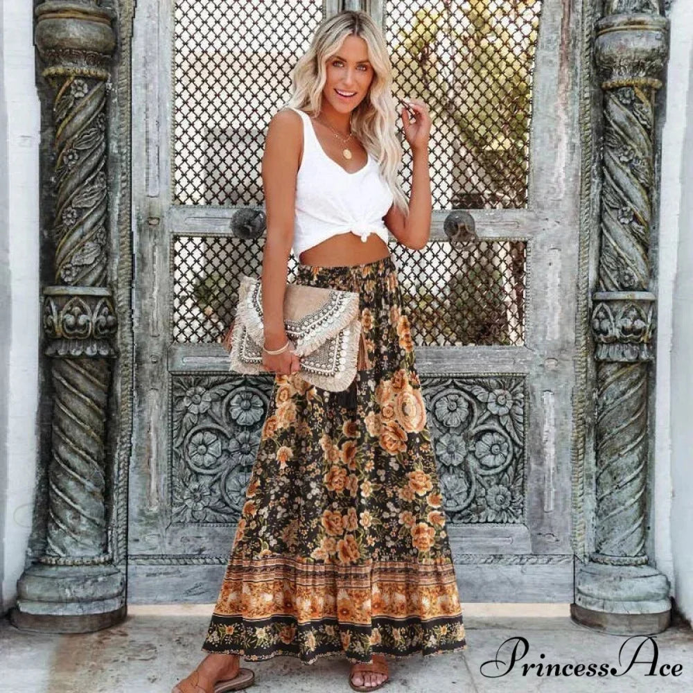 Dark Floral Patterned Pleated Free-Spirited Skirt Stretchy Waist Flared Rayon Full-Length