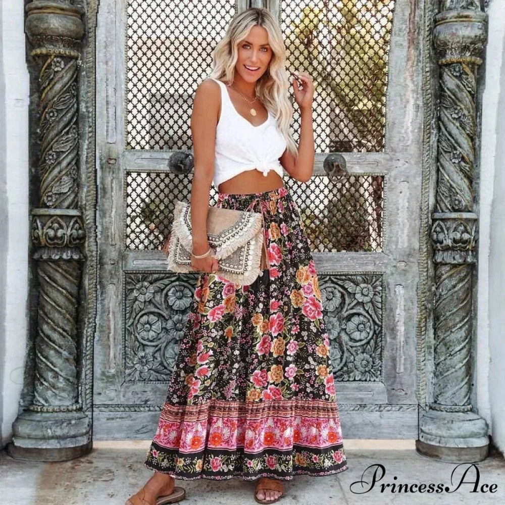 Dark Floral Patterned Pleated Free-Spirited Skirt Stretchy Waist Flared Rayon Full-Length