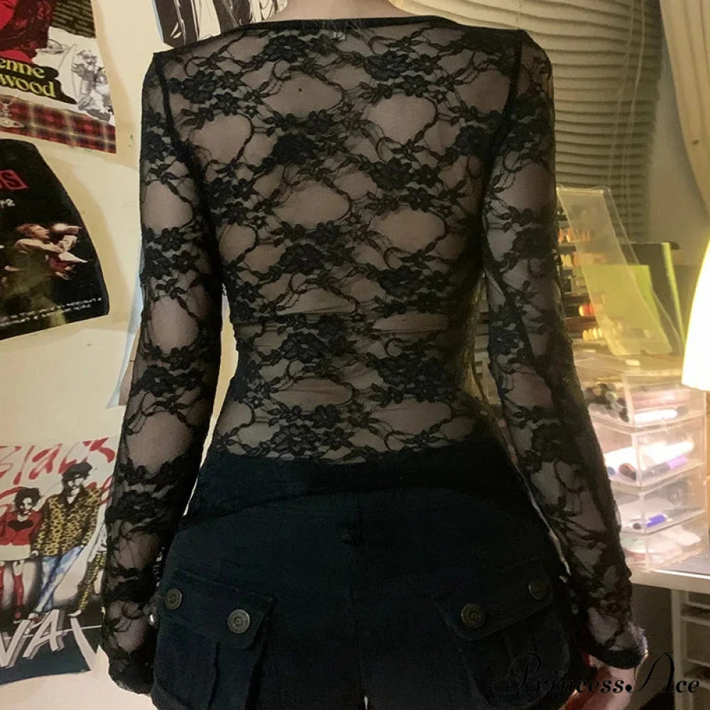 Dark Gothic Lace Partially Transparent Long Sleeve Cropped Knit Top