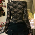 Dark Gothic Lace Partially Transparent Long Sleeve Cropped Knit Top