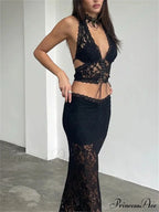 Dark Lace Halter Crop Top Tall Waist Transparent Maxi Skirt