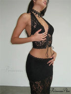 Dark Lace Halter Crop Top Tall Waist Transparent Maxi Skirt