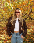 Dark Leather Lamb Wool Zipper Jacket