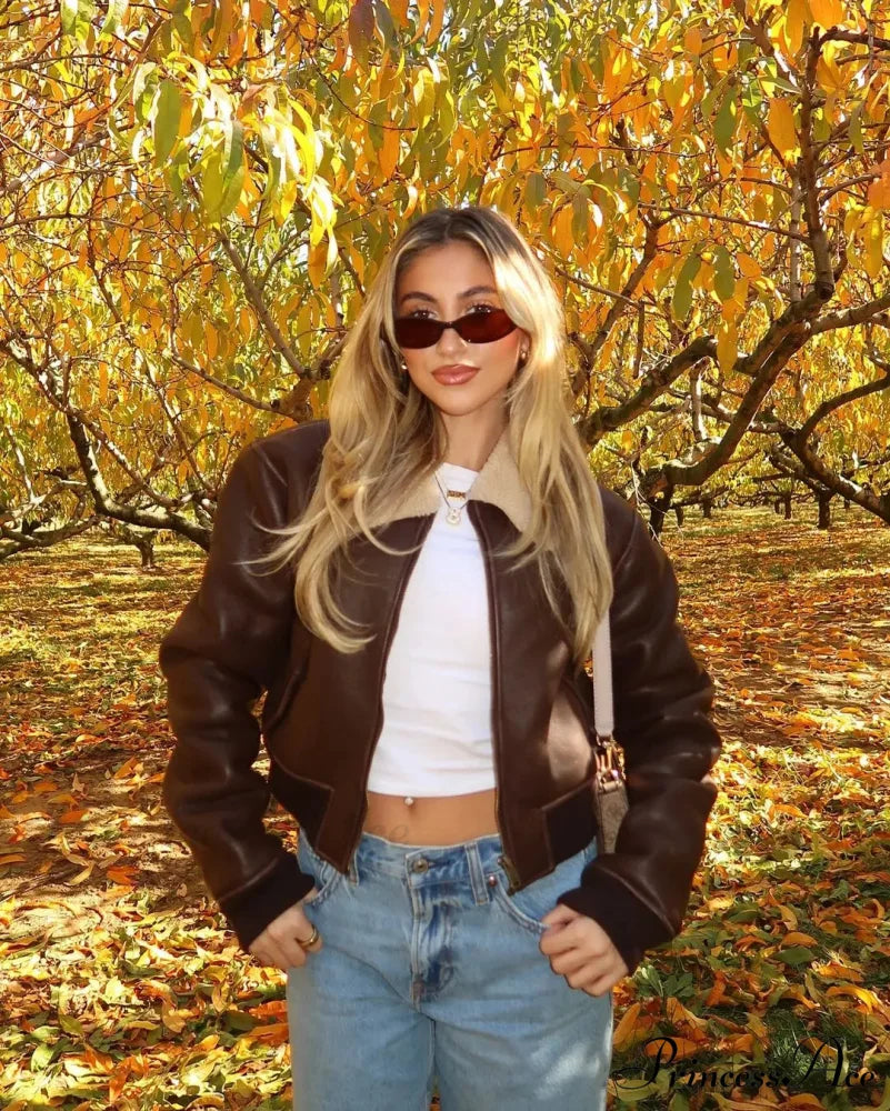 Dark Leather Lamb Wool Zipper Jacket