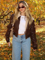 Dark Leather Lamb Wool Zipper Jacket