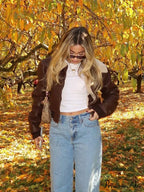 Dark Leather Lamb Wool Zipper Jacket