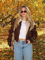 Dark Leather Lamb Wool Zipper Jacket