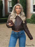 Dark Leather Lamb Wool Zipper Jacket