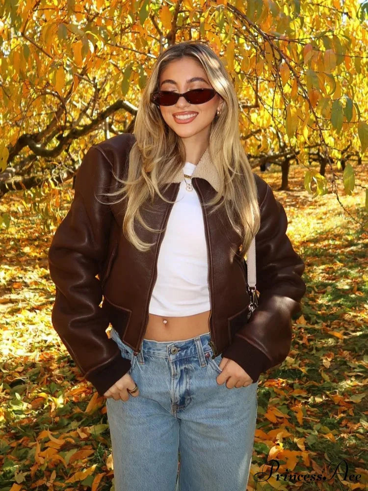 Dark Leather Lamb Wool Zipper Jacket