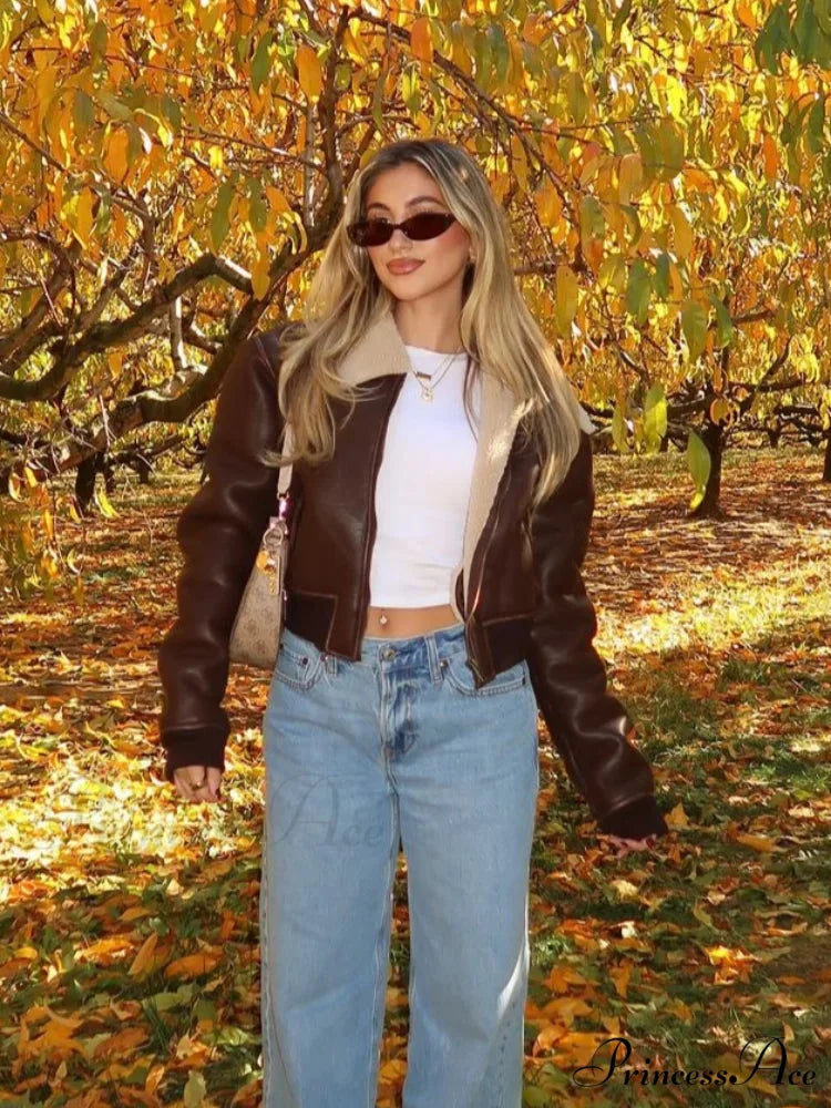 Dark Leather Lamb Wool Zipper Jacket