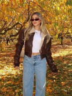 Dark Leather Lamb Wool Zipper Jacket