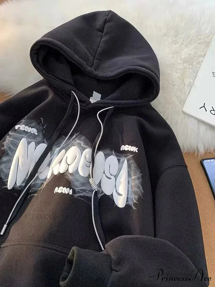 Dark Letter Print Y2K Retro Hoodie