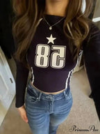 Dark Open Navel Message Printed Informal Long Sleeve Knit Top