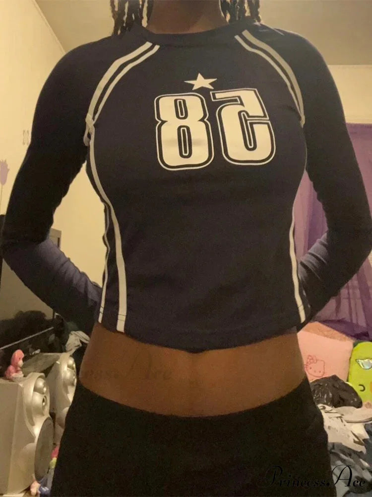 Dark Open Navel Message Printed Informal Long Sleeve Knit Top